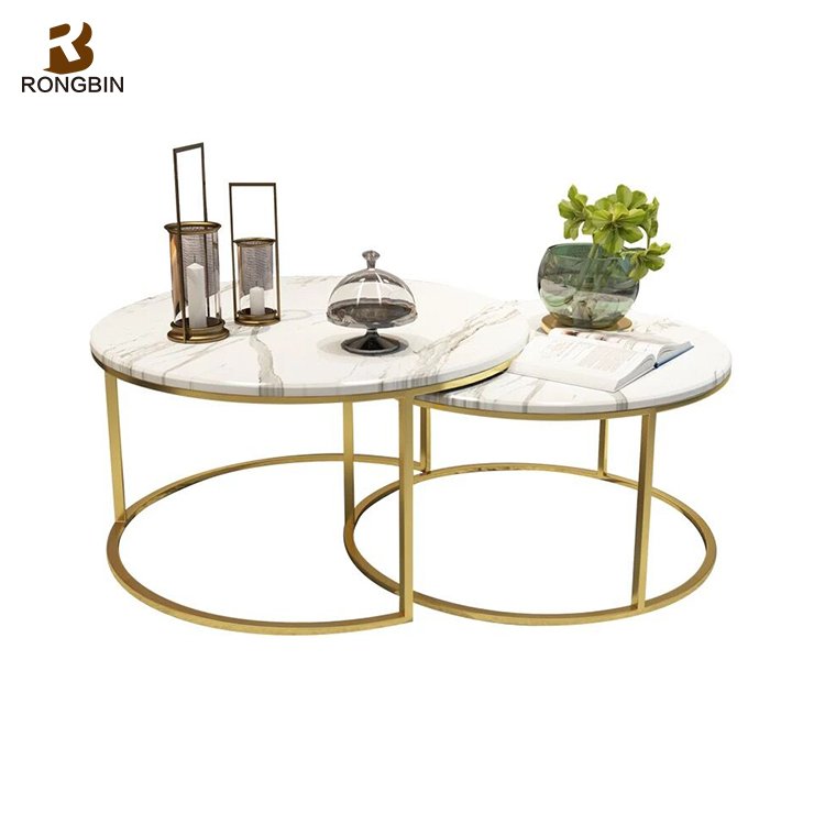 Modern Coffee Table Set White Marble Gold Stainless Steel